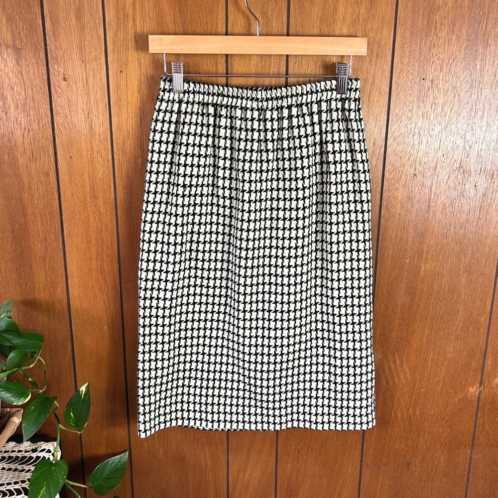 Leslie Fay Vintage Houndstooth Pencil Skirt Black White Elastic Waist Midi Wool‎